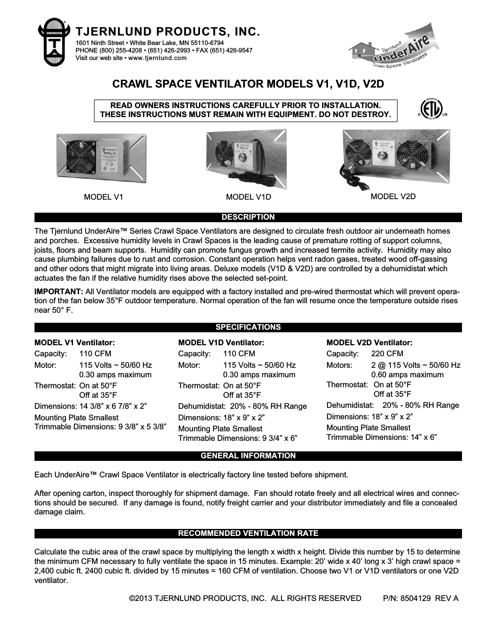 V1 Crawl Space Ventilators 8504129 Rev A
