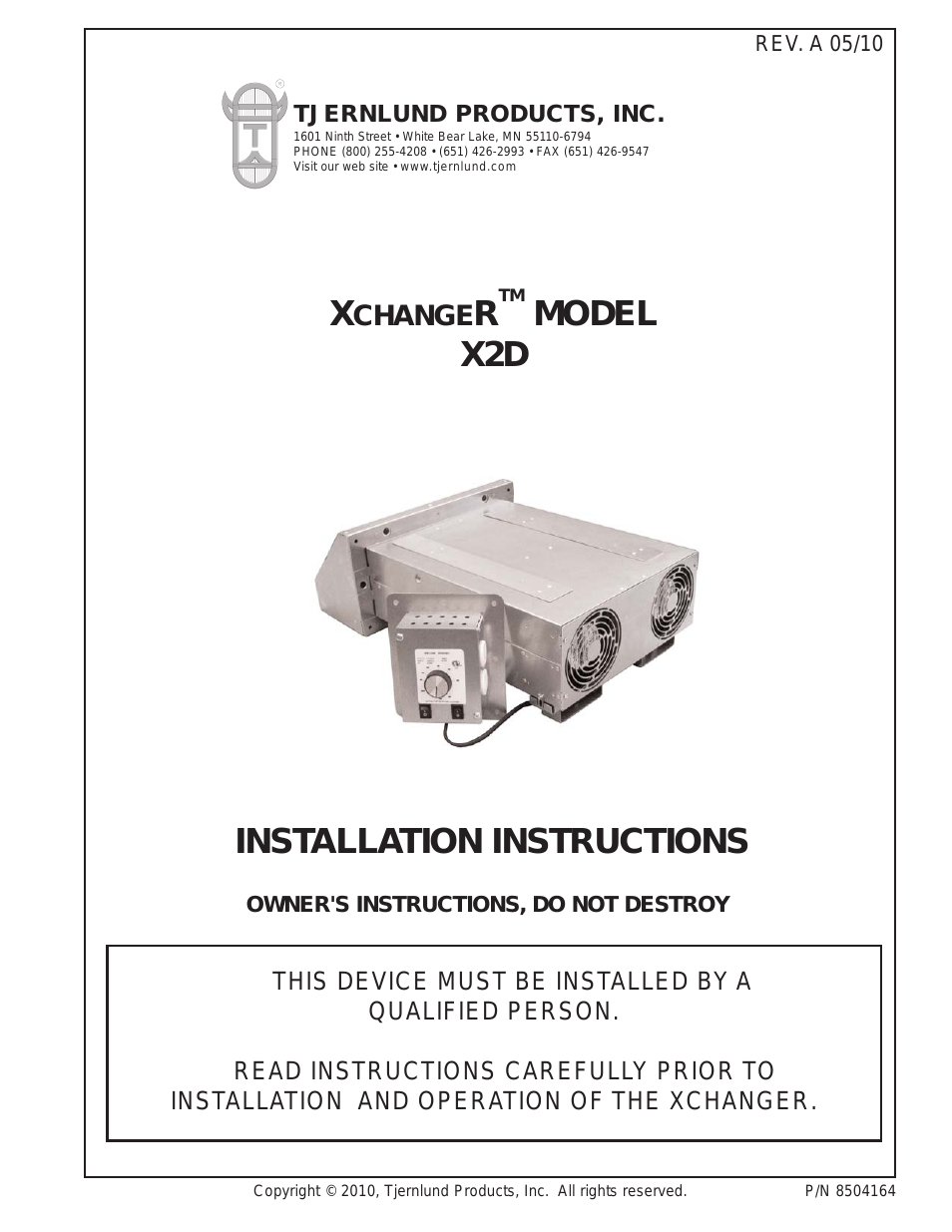 X2D XCHANGER Reversible Basement Fan 8504164 Rev A 05/10