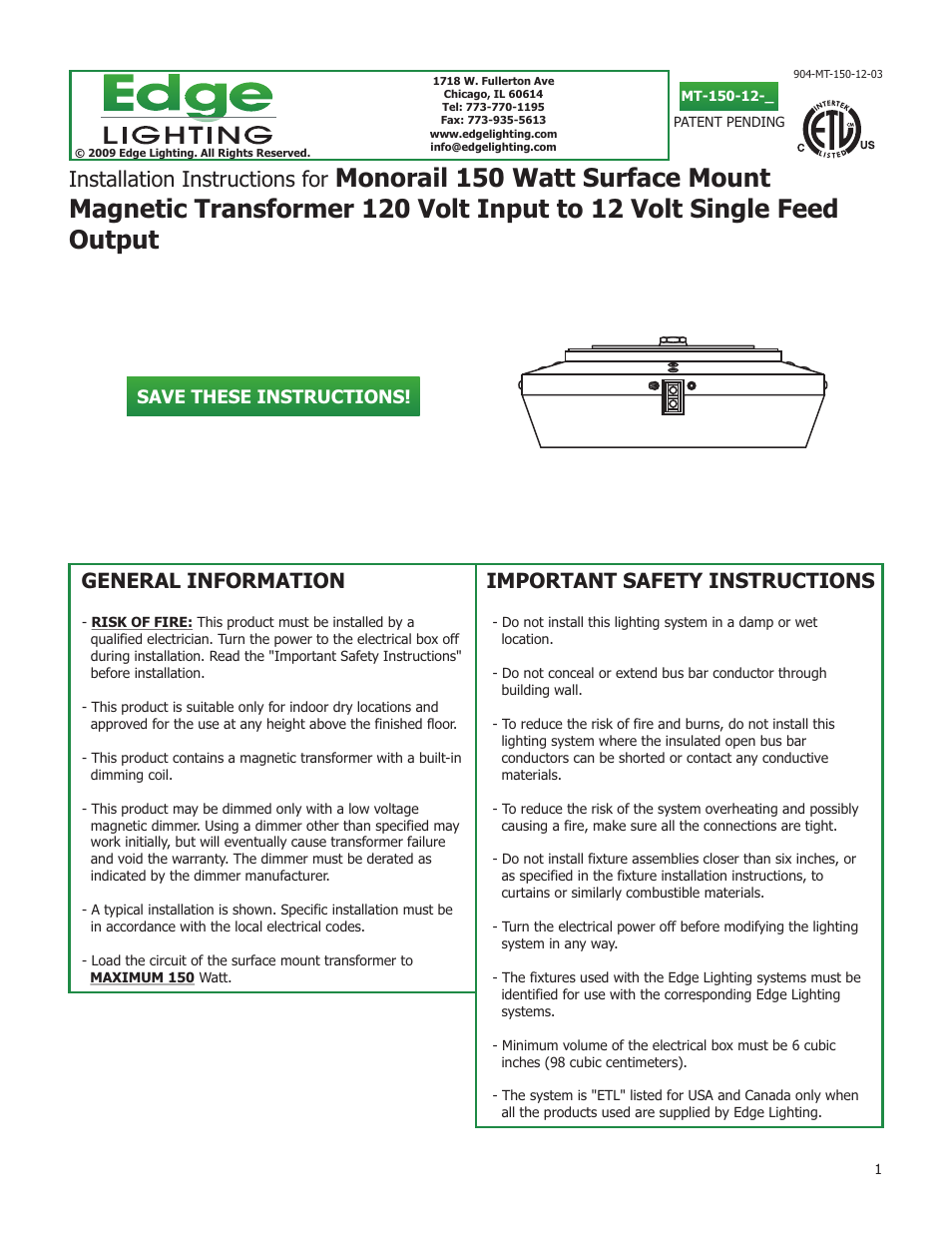 150W/12V Surface Mount Magnetic Transformer