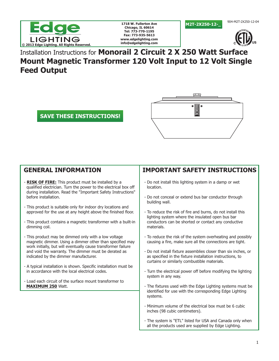 2x250W/12V Surface Mount Magnetic Transformer