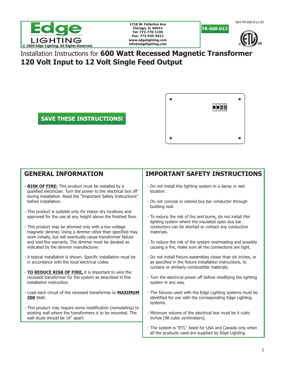 600W/12V Remote Recessed Transformer