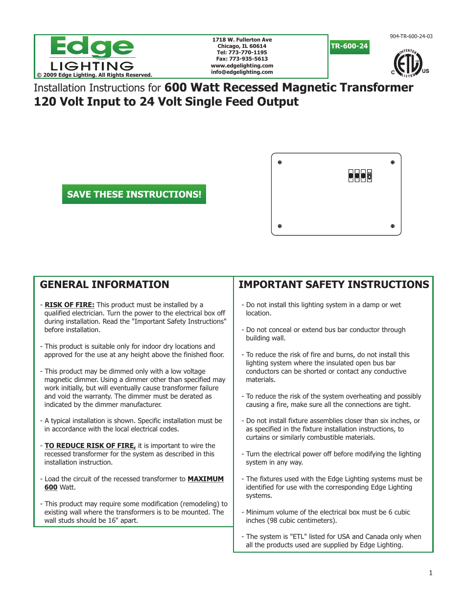 600W/24V Remote Recessed Transformer