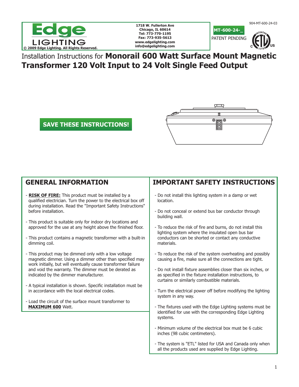 600W/24V Surface Mount Magnetic Transformer