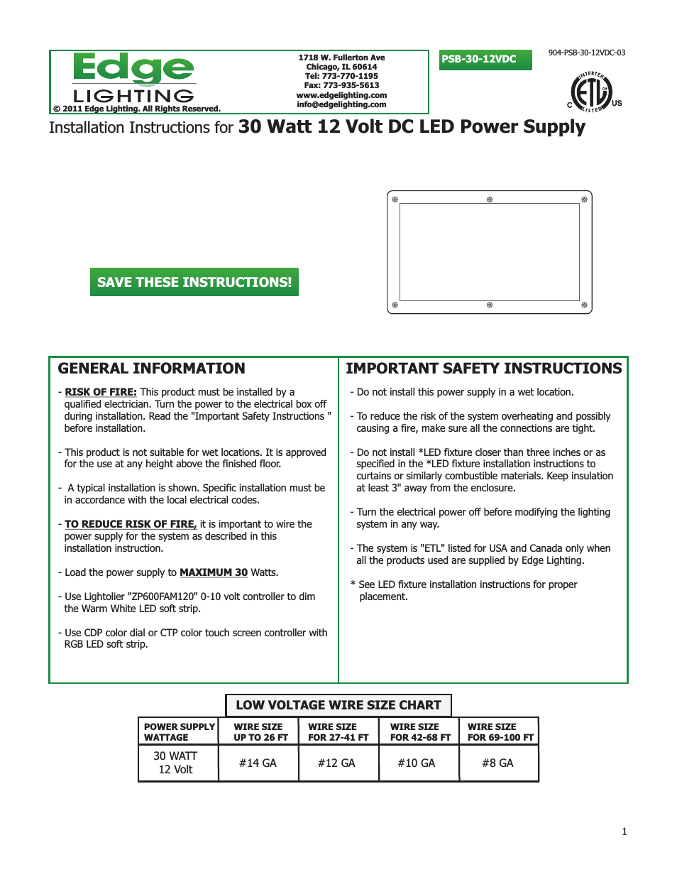 PSB-30W-12VDC, 30 Watt 12 Volt DC Power Supply