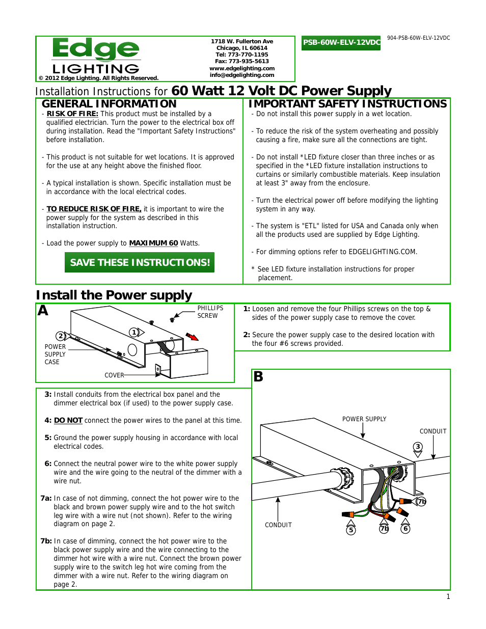 PSB-60W-ELV-12VDC, 60 Watt 12 Volt DC Power Supply