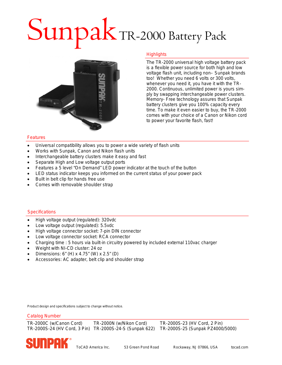 Sunpak Battery Pack TR-2000