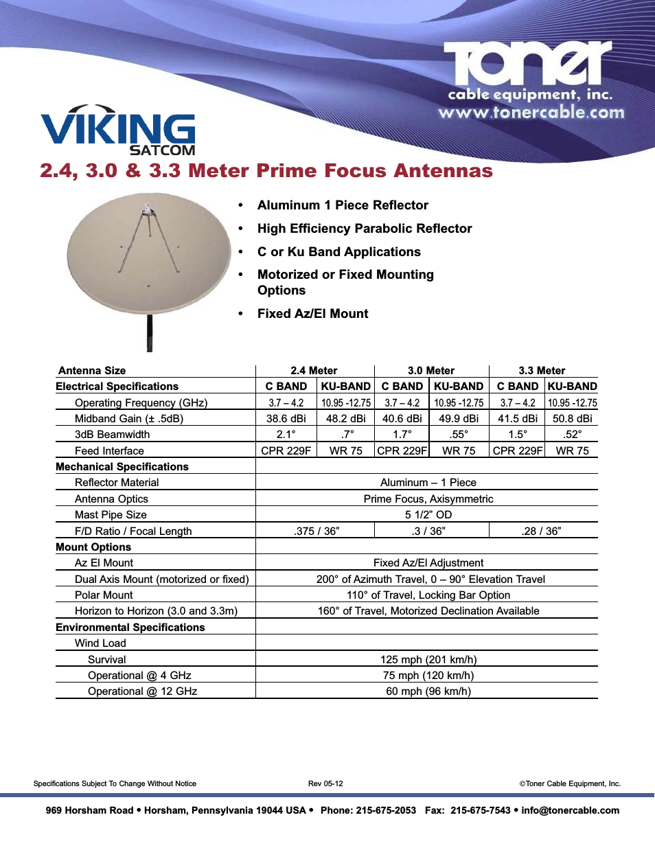 3.3 Meter Prime Focus Antenna with High Efficiency Parabolic Reflector