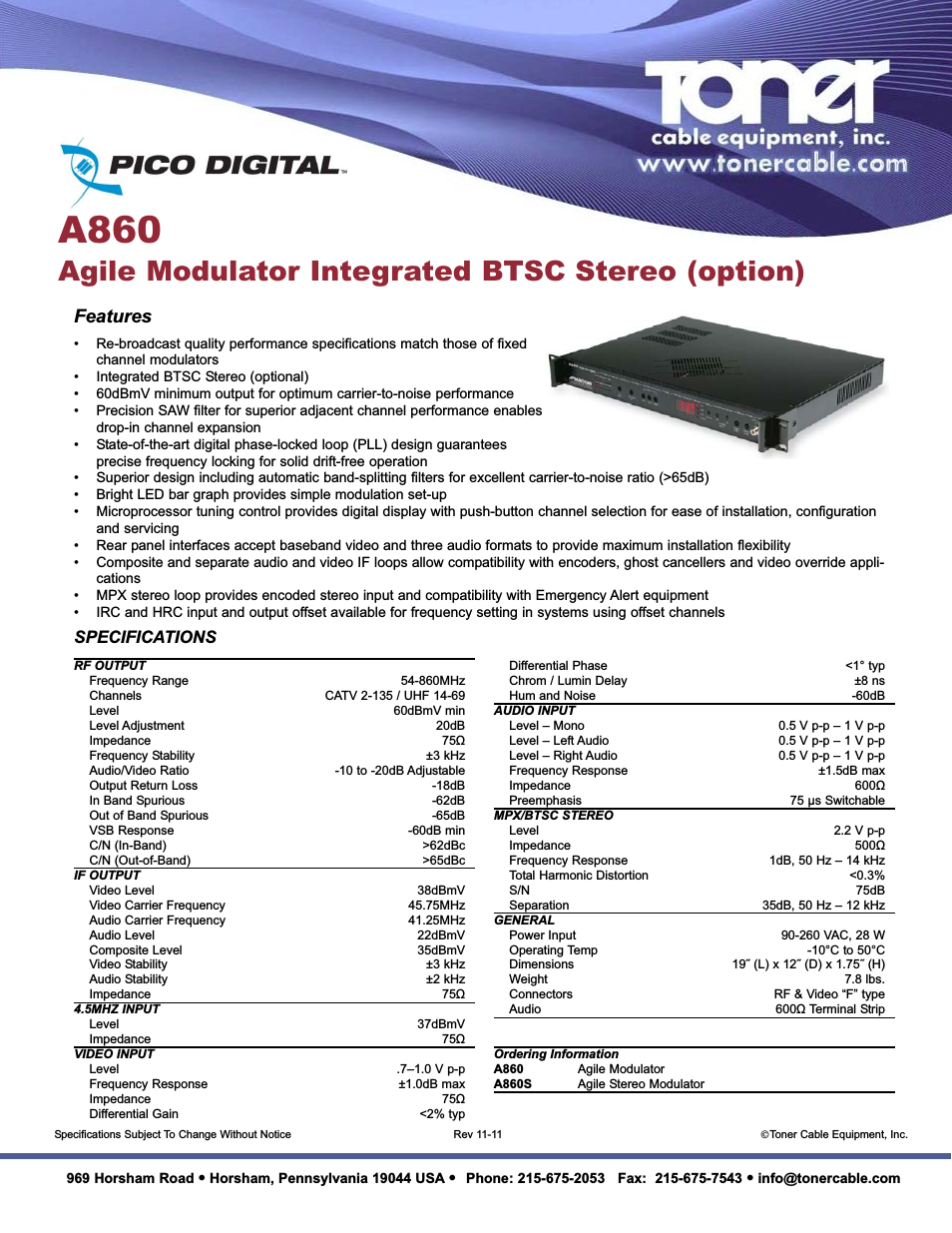 A860 Agile Modulator Integrated BTSC Stereo (option)