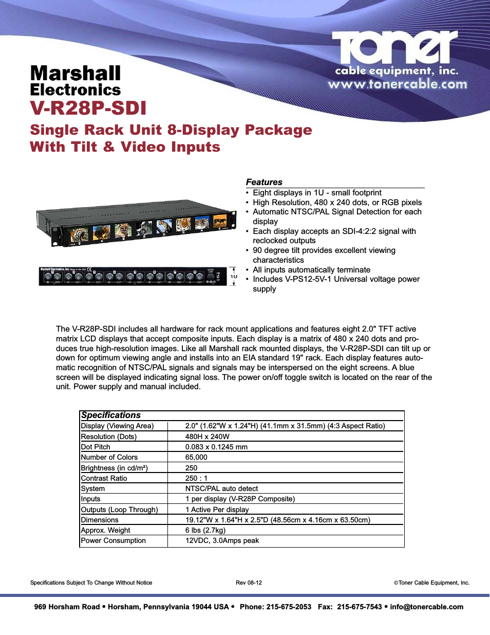 V-R28P-SDI Single Rack Unit 8-Display Package with Tilt & Video Inputs
