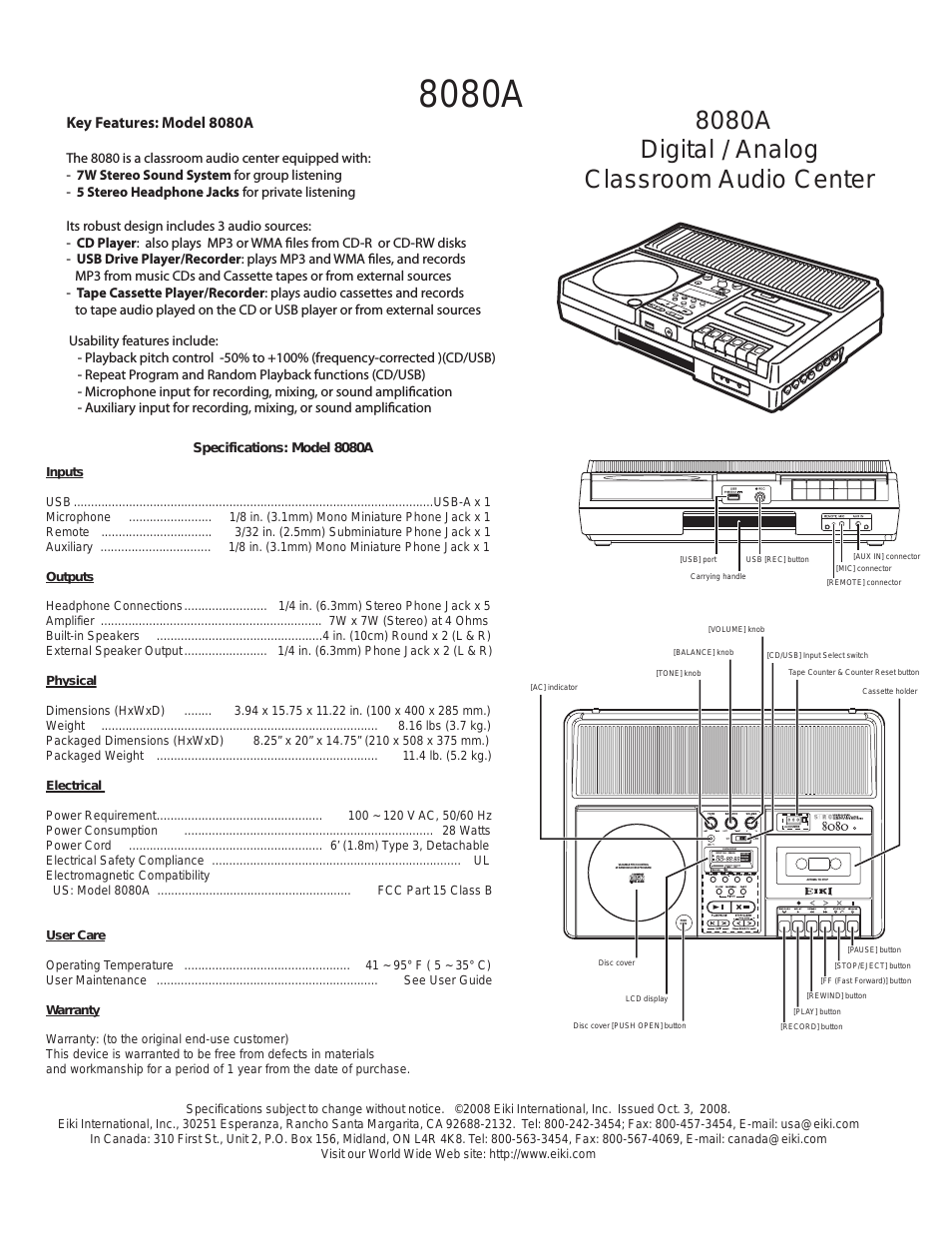 Digital / Analog Classroom Audio Center 8080A