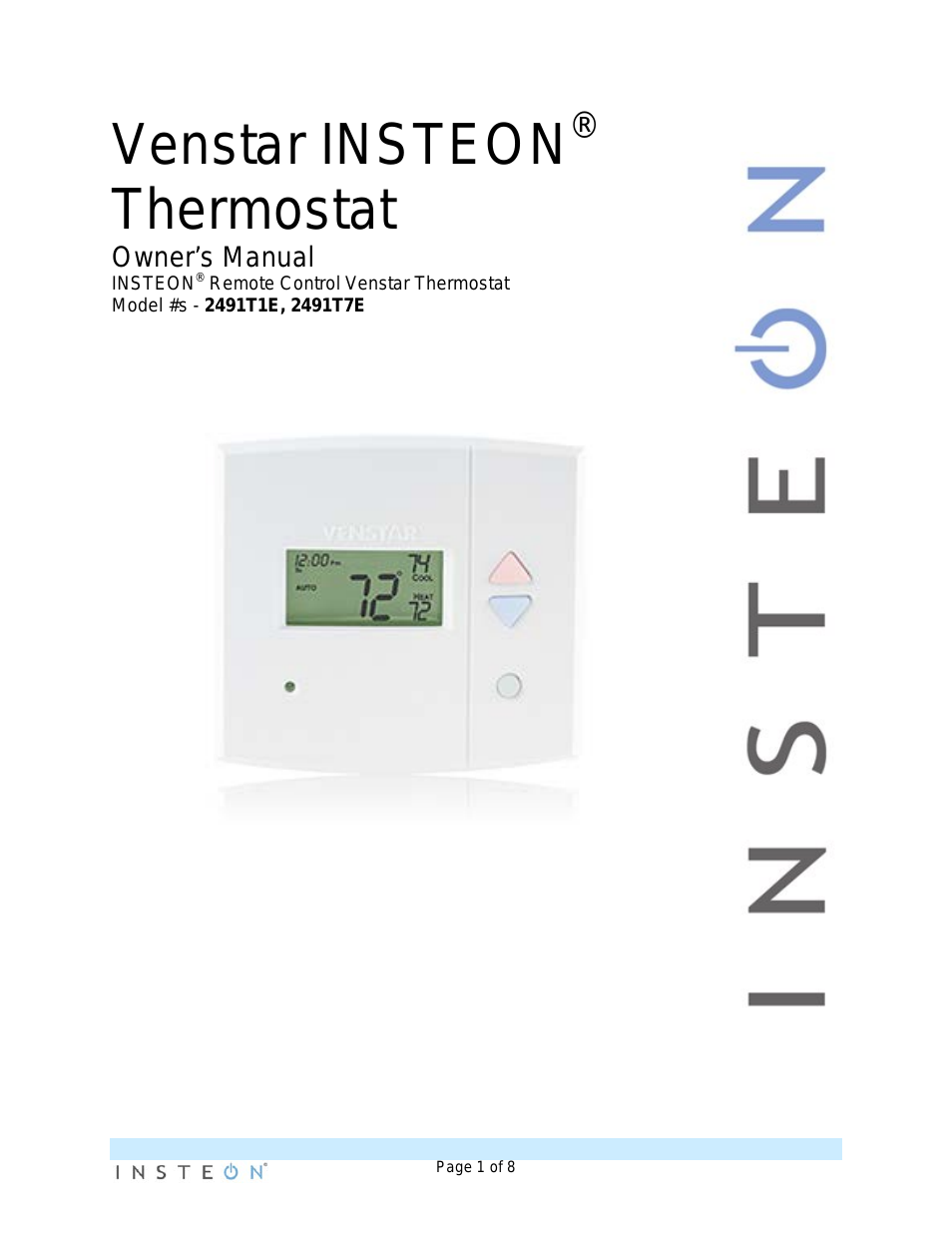 Venstar Thermostat, 1- and 7-Day Programmable (2491T1E, 2491T7E) Manual