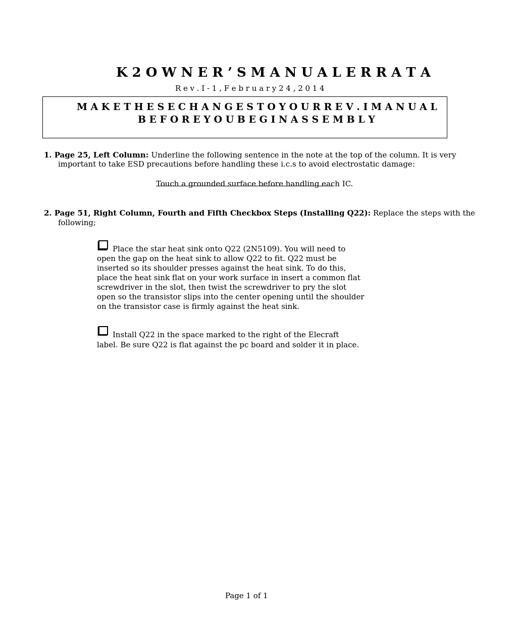 K2 Owner's Manual Errata