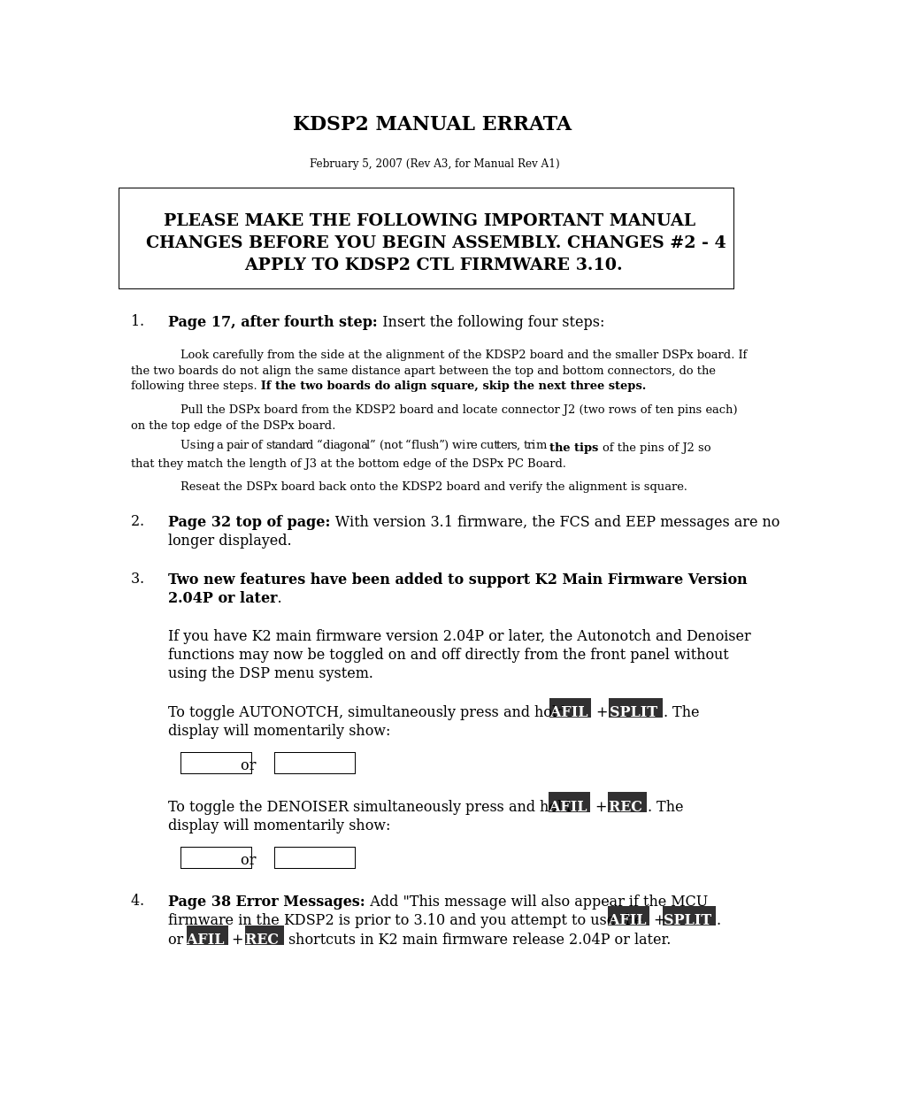 KDSP2 Manual Errata