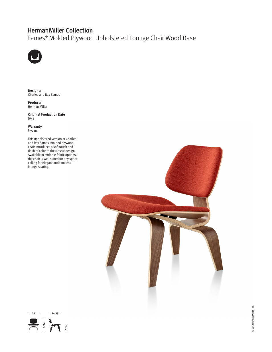 Eames Molded Plywood Upholstered Lounge Chair Wood Base - Product sheet