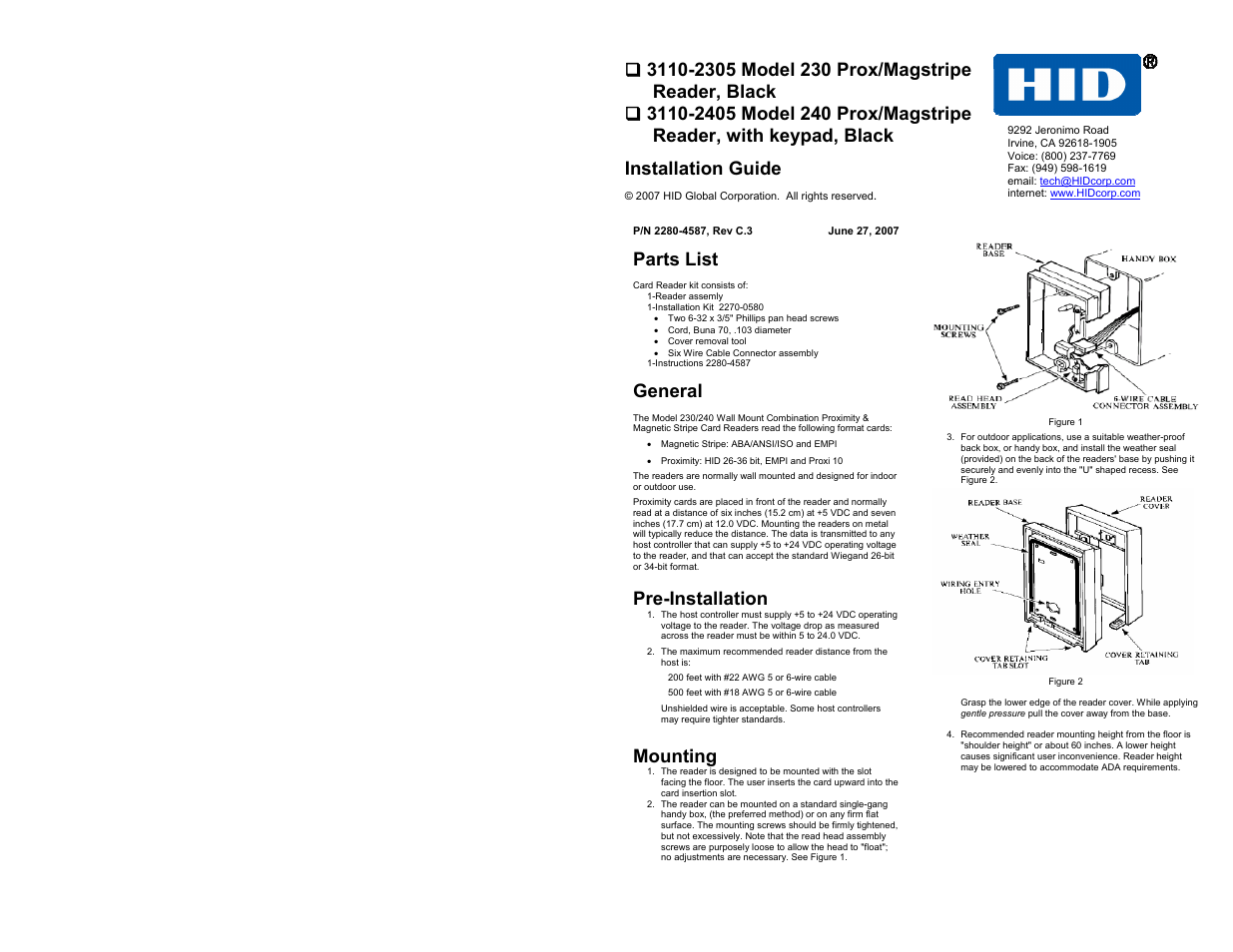 Magnetic Stripe / Prox Reader 230 and 240 Installation Guide