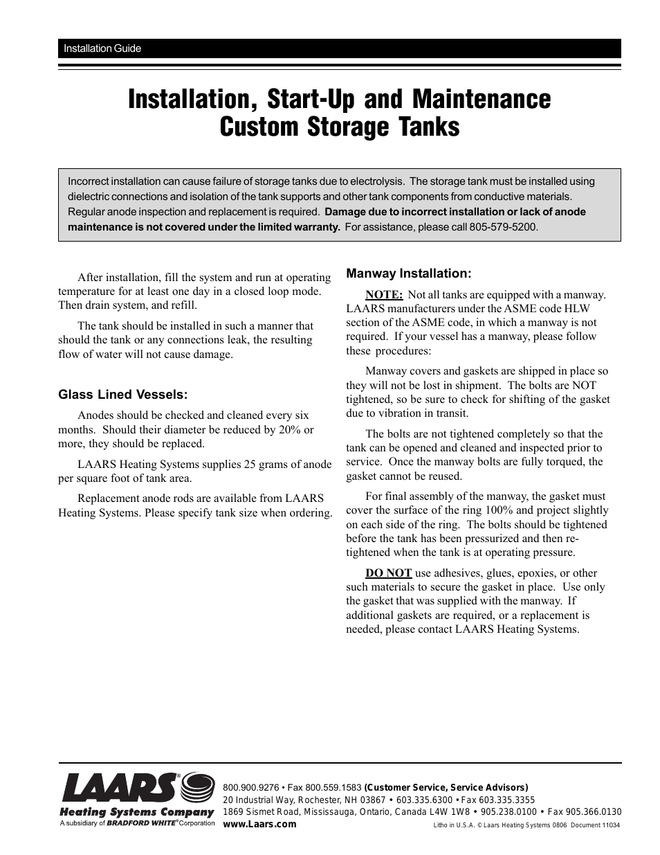 Custom ASME Storage Tanks - Installation Manual