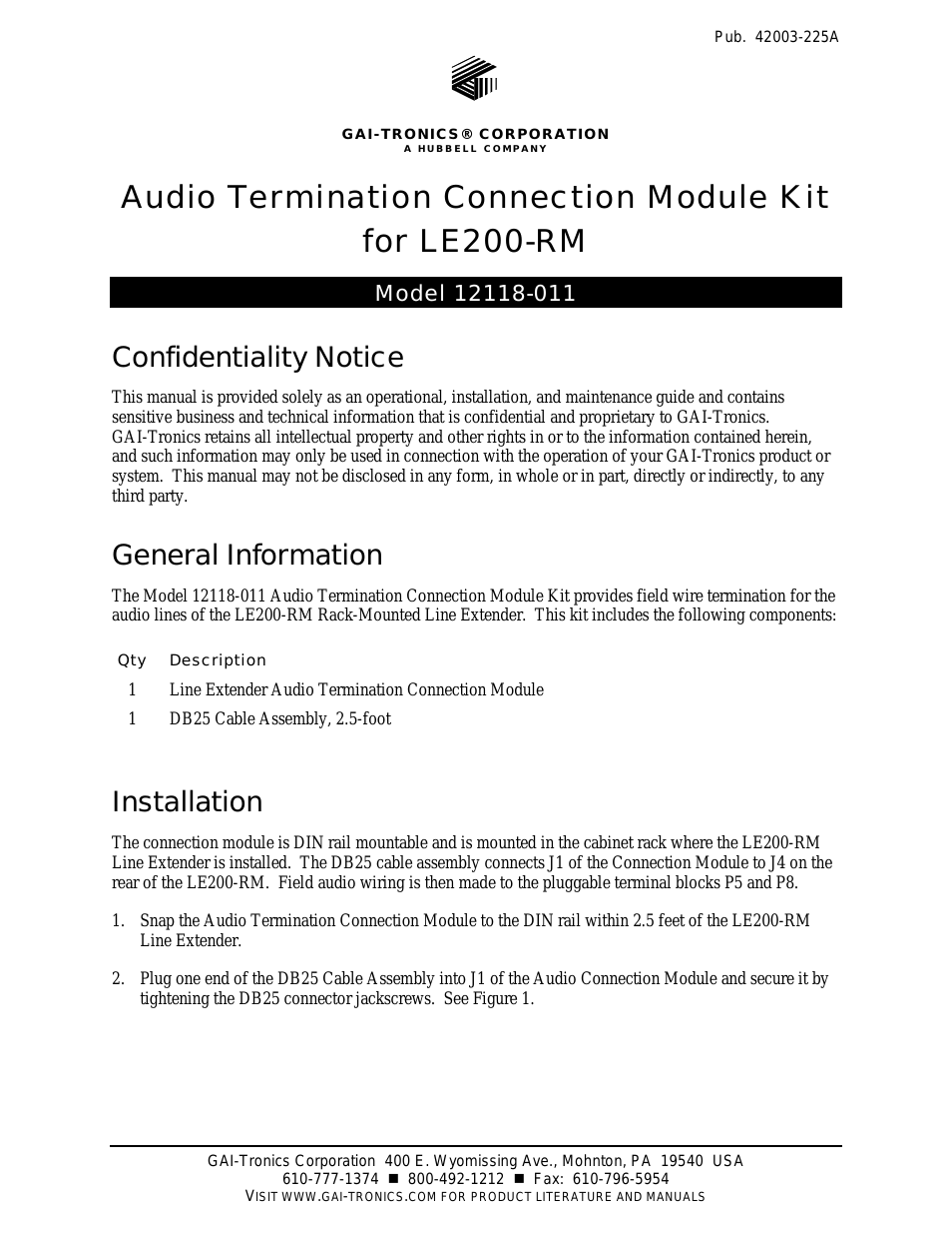 12118-011 Audio Termination Connectin Module Kit for LE200RM