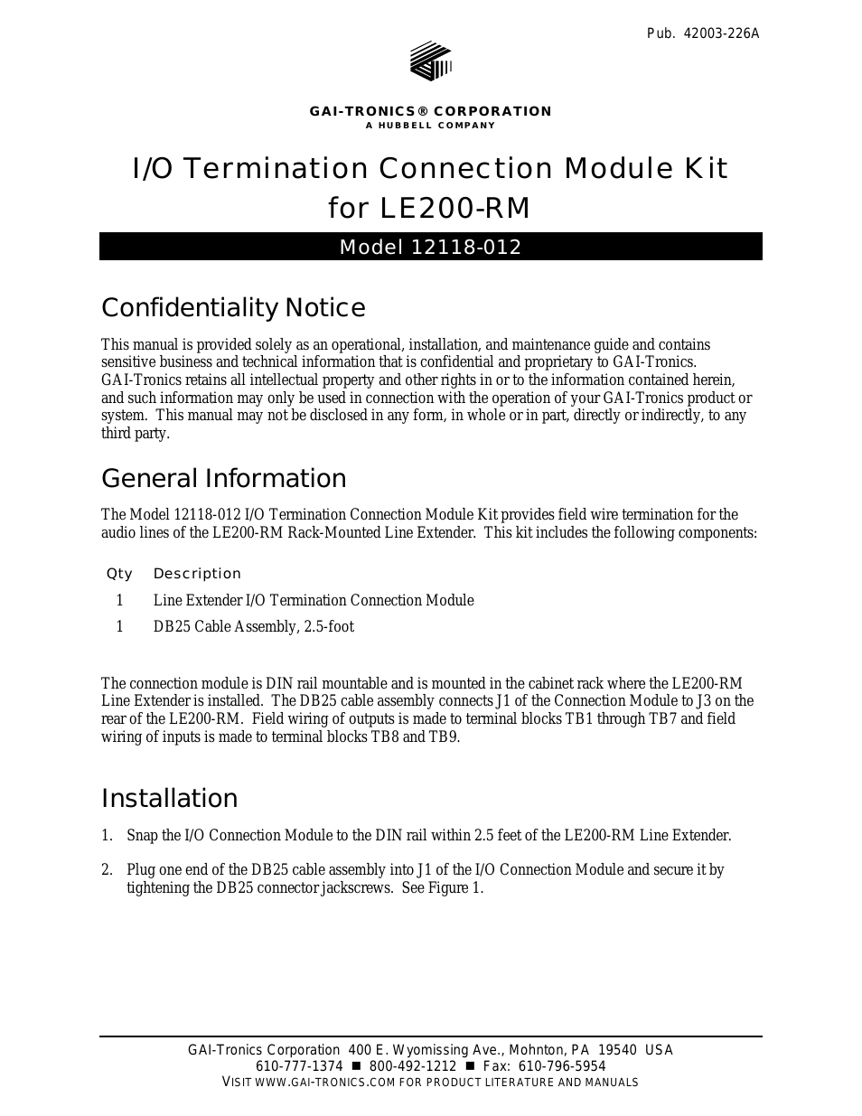 12118-012 I/O Termination Connection Module Kit for LE200RM