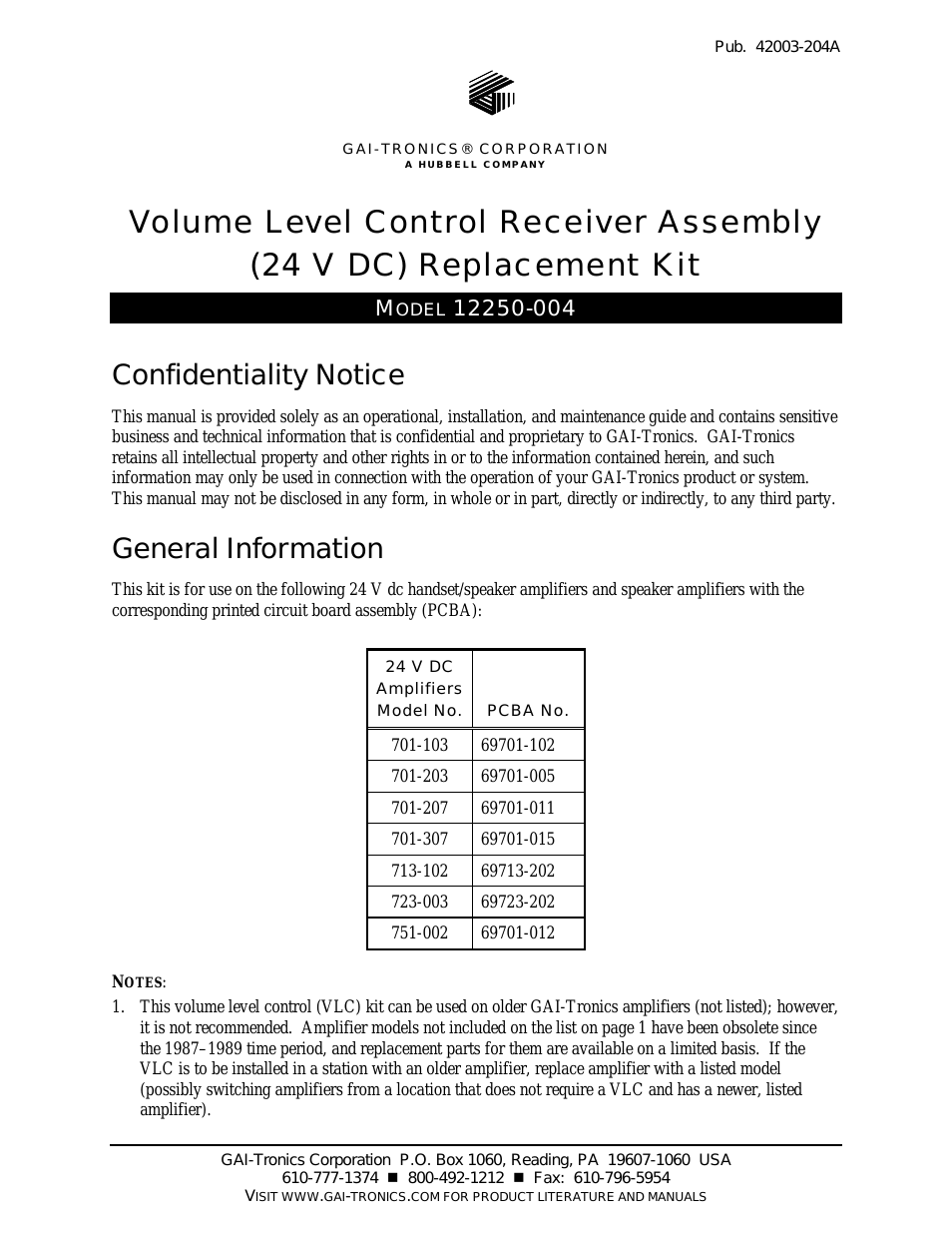 12250-004 Volume Level Control Receiver Assembly (24 V dc)