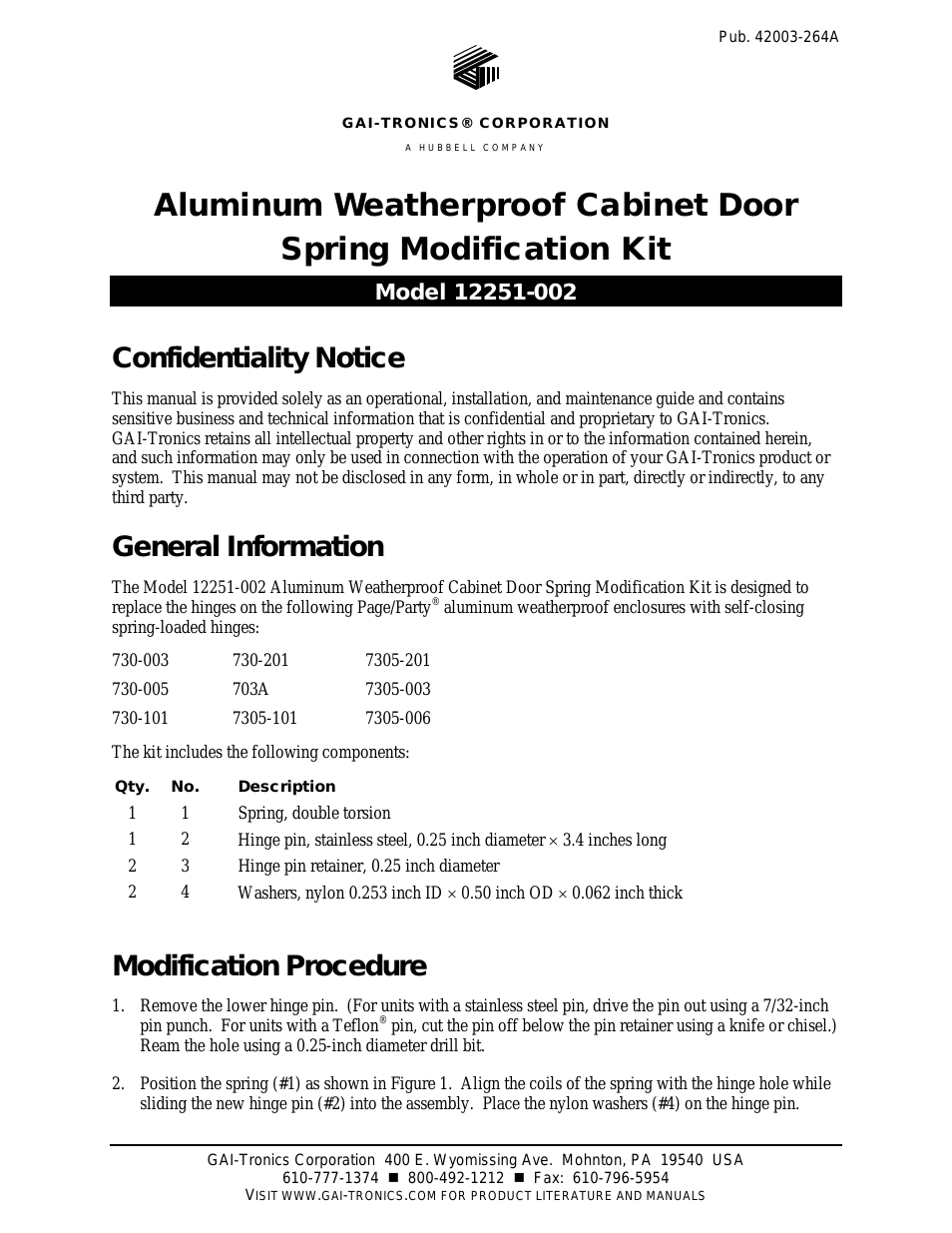12251-002 Aluminum Weatherproof Cabinet Door Spring Modification Kit