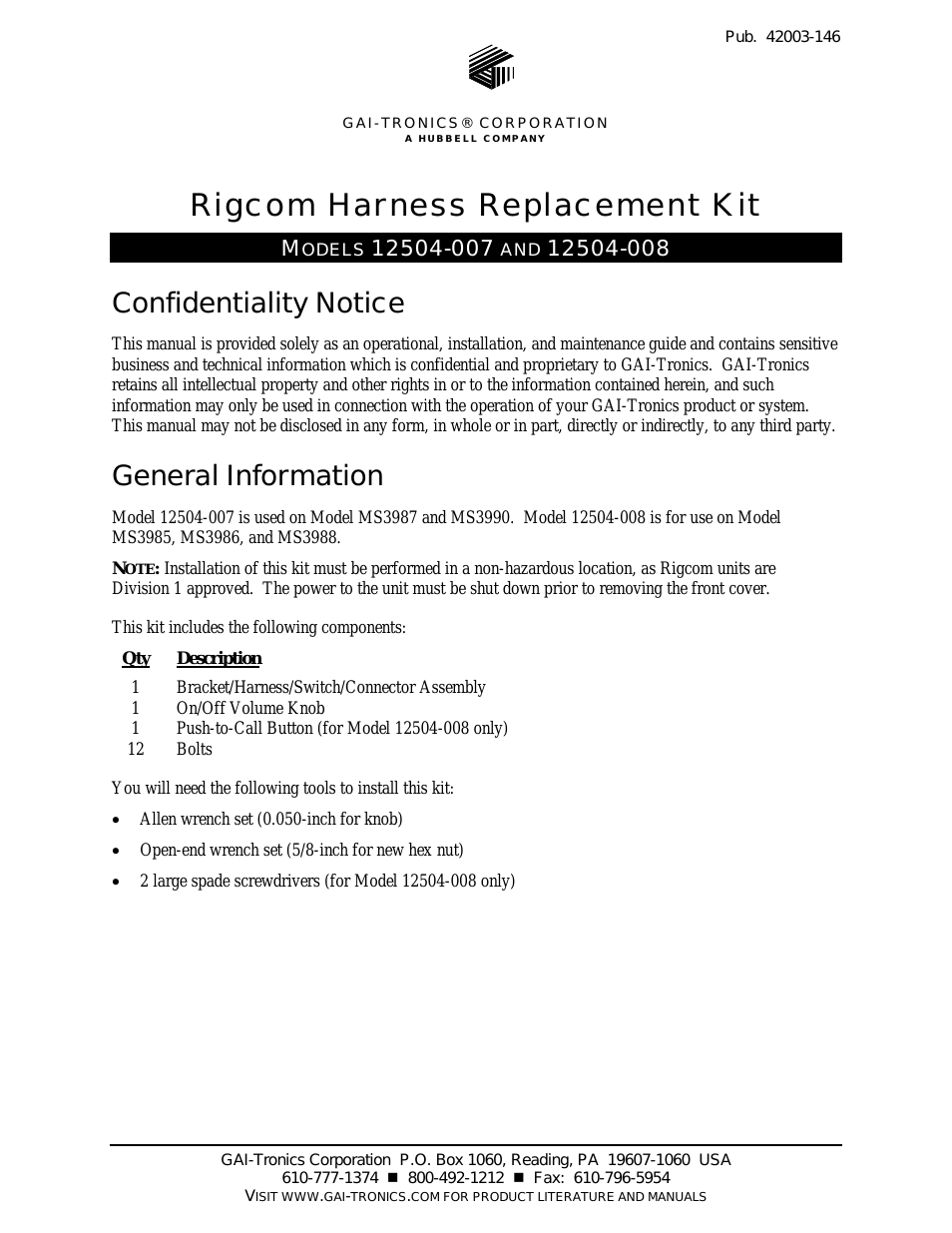 12504-007, 12504-008 RigCom Harness Assembly