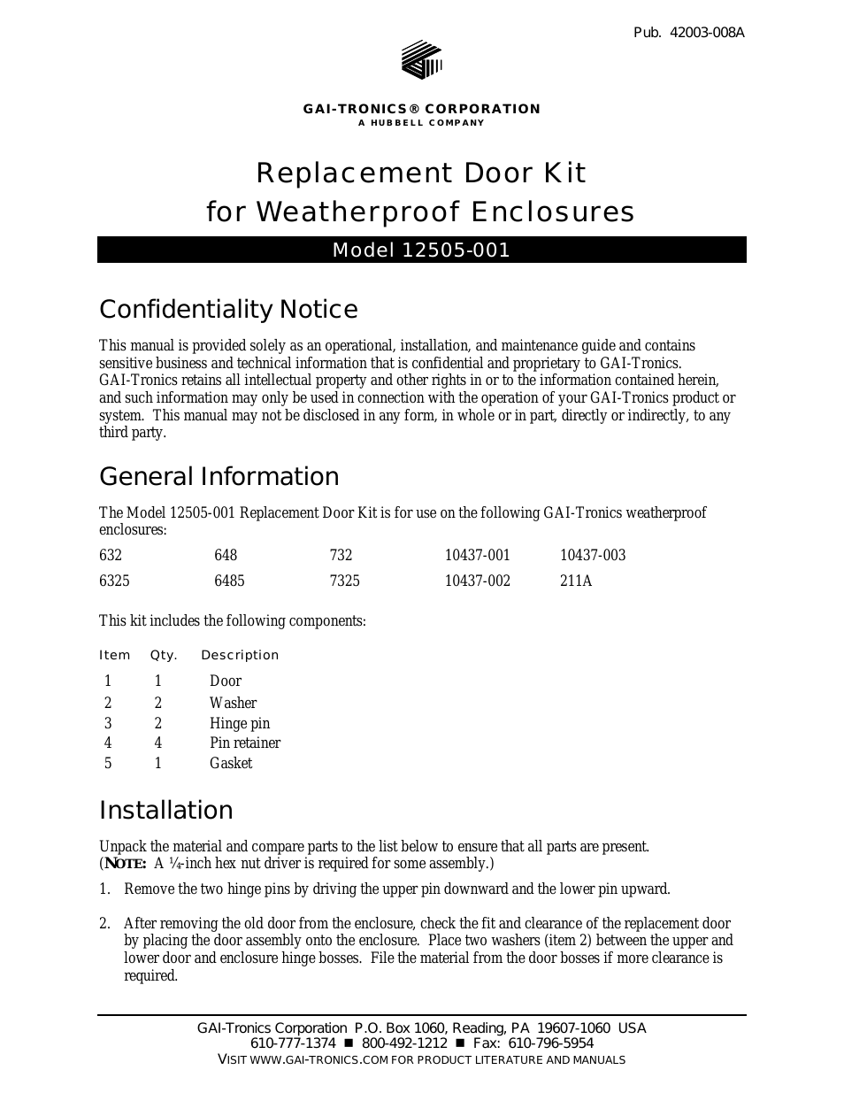 12505-001 Repl. Door Assembly