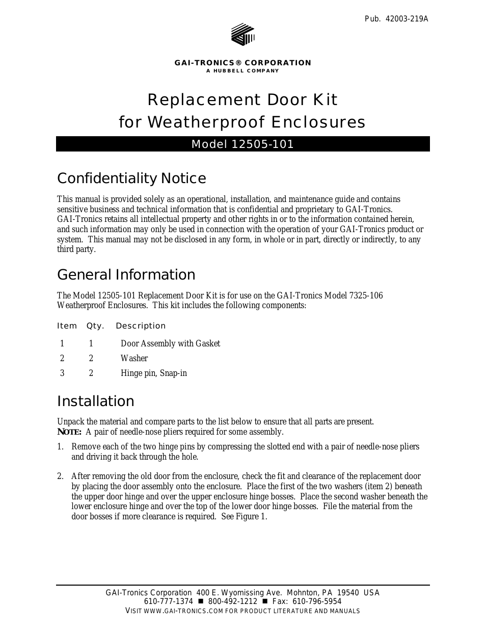 12505-101 Replacement Door Kit Weatherproof Enclosures