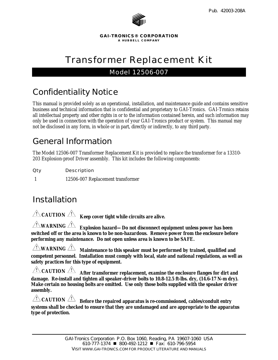 12506-007 Replacement Transformer