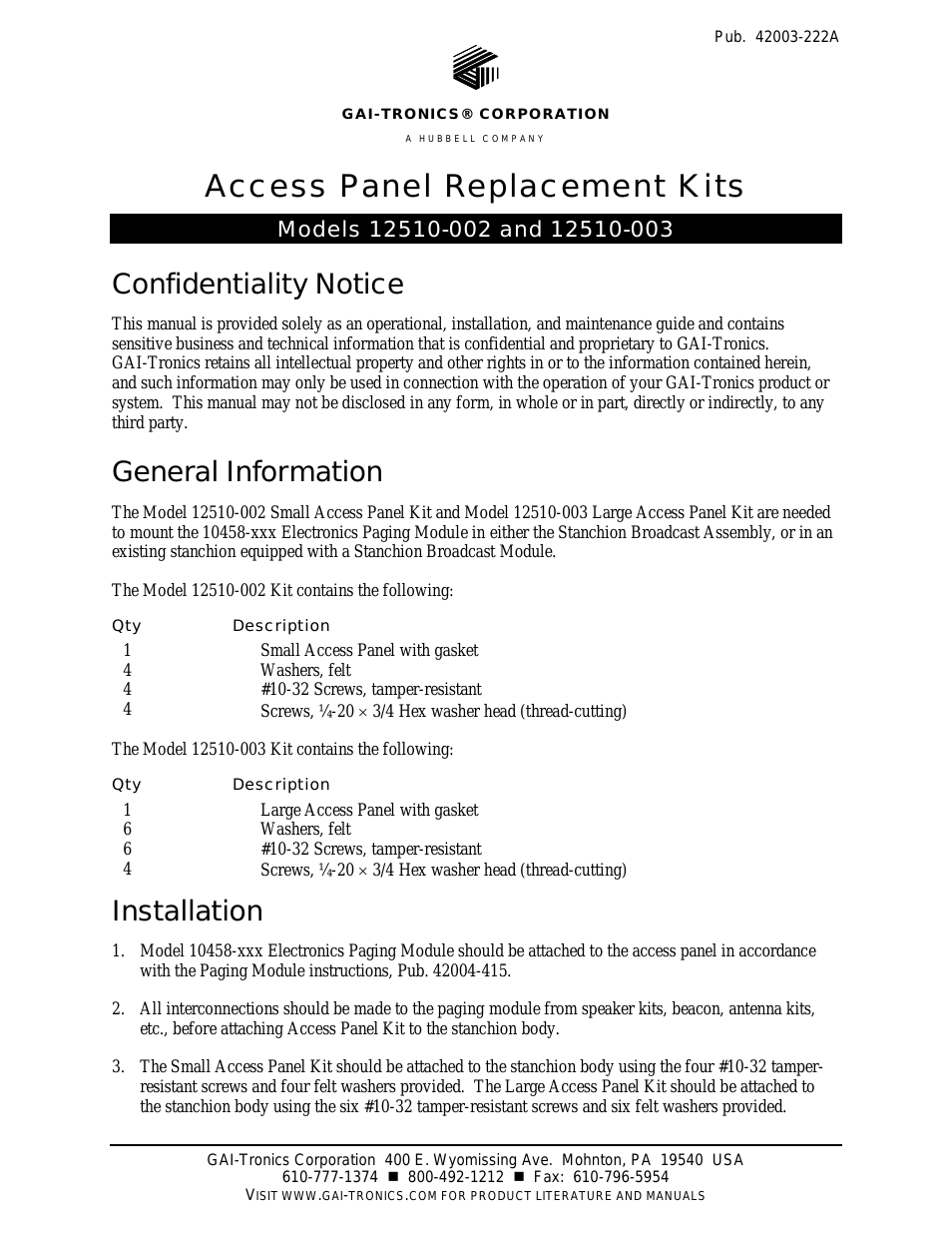12510-002, 12510-003 Access Panels Replacement Kits