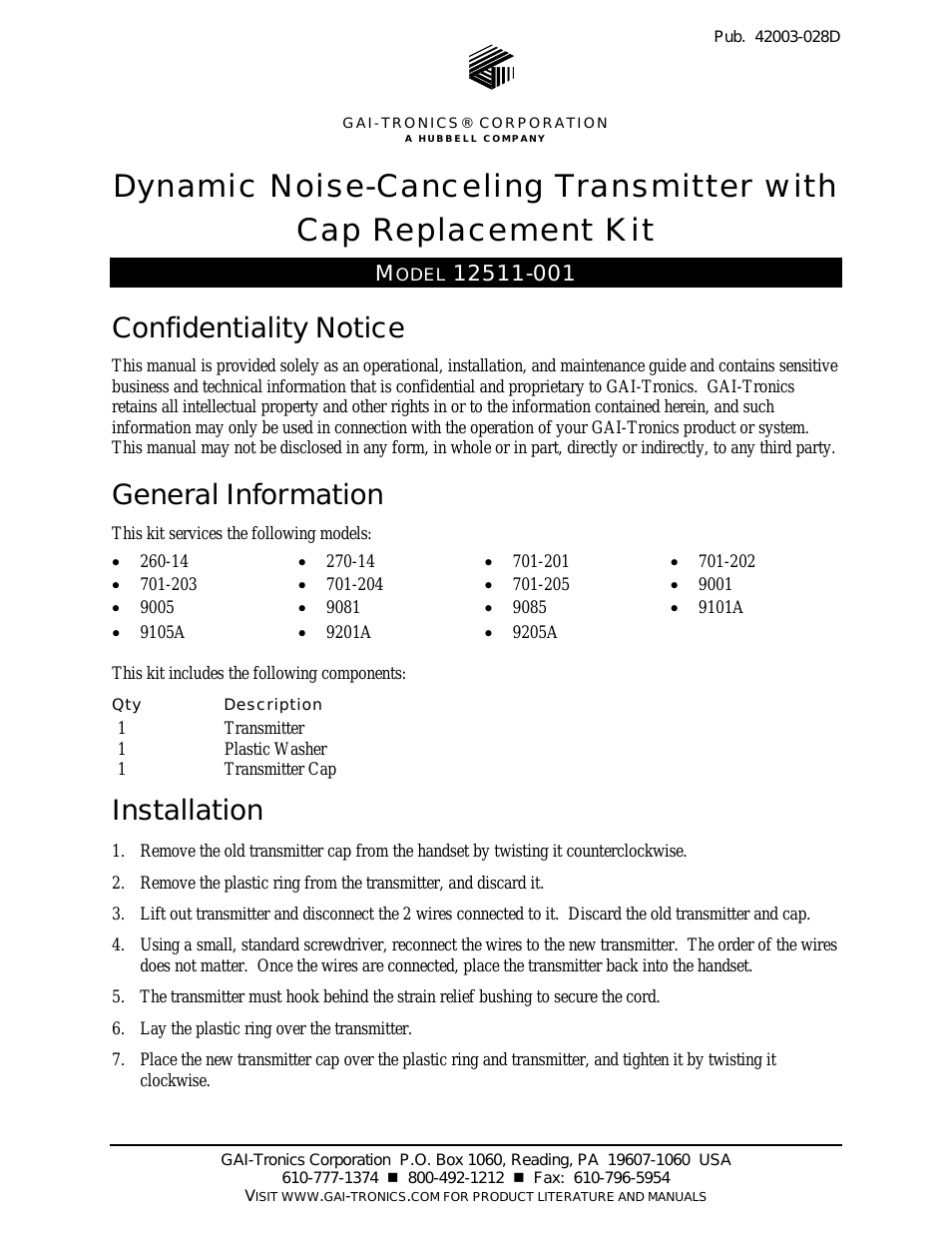 12511-001 Dynamic Transmitter (NC) w/Cap