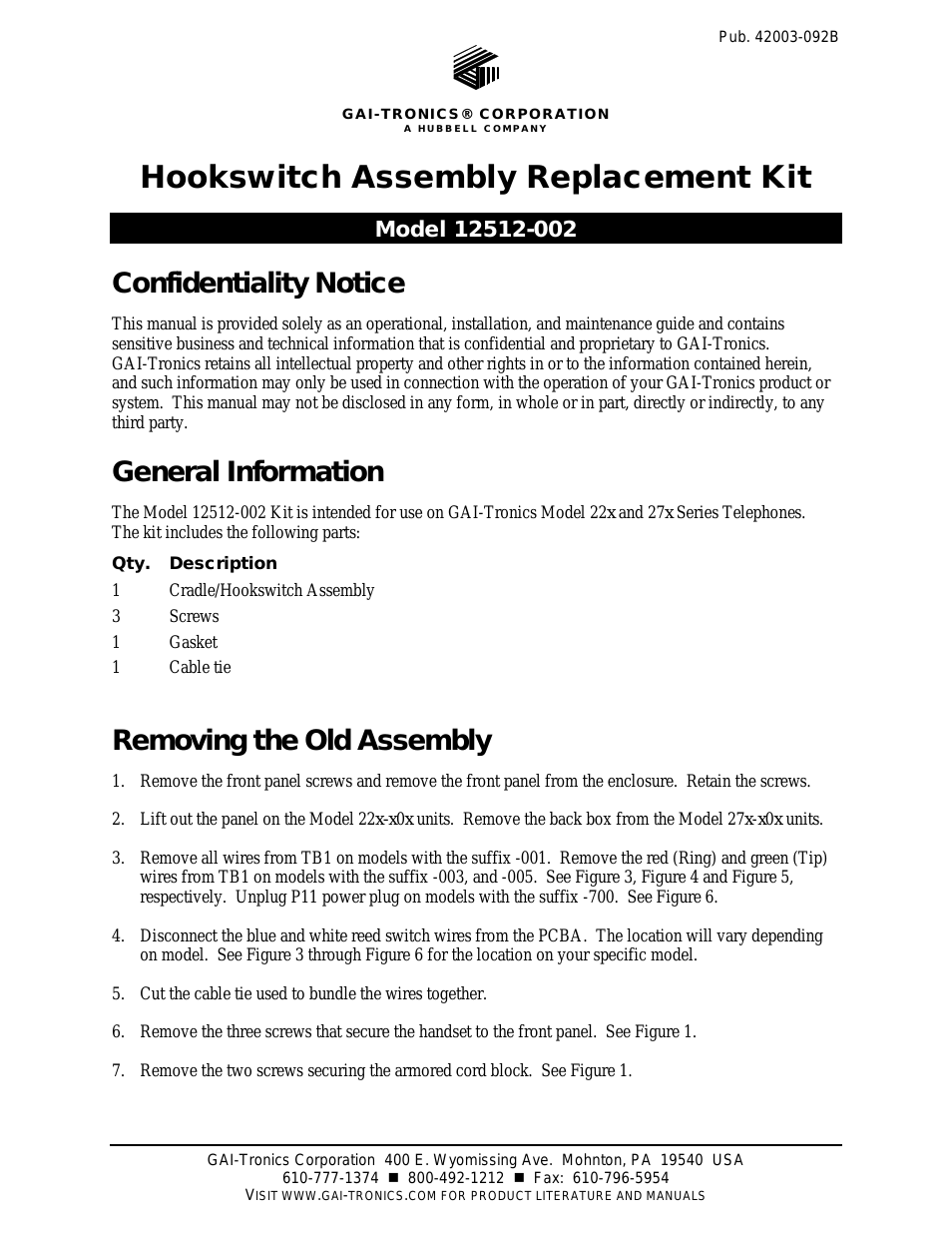 12512-002 Hookswitch Assembly for 226, 227, 228