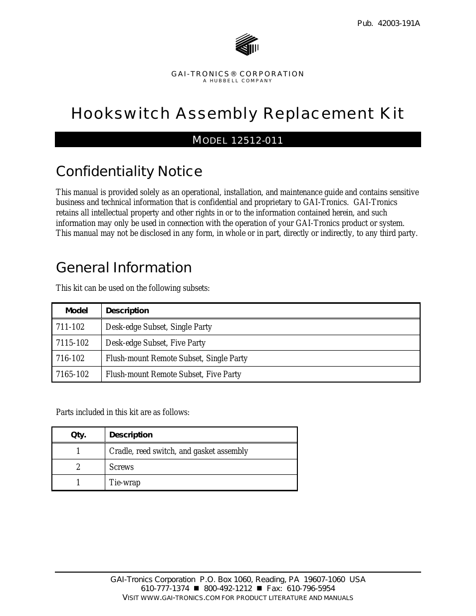 12512-011 Hookswitch Assembly Kit