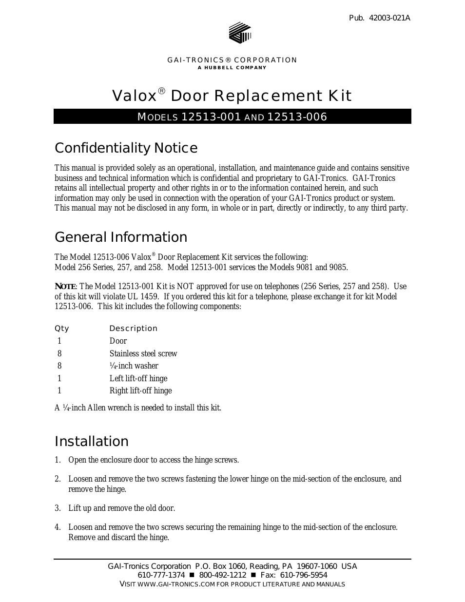 12513-006  Valox Door Kit
