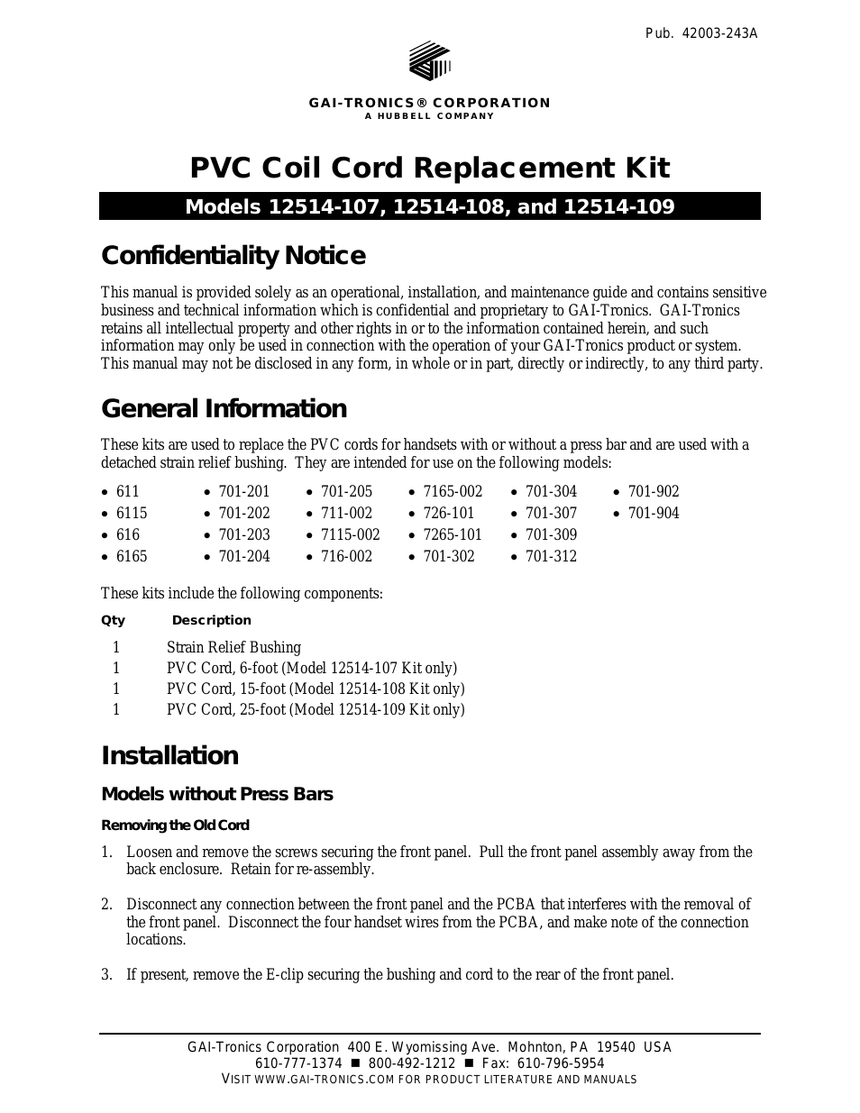 12514-001 and 12514-109 PVC Coil Cord Replacement Kit