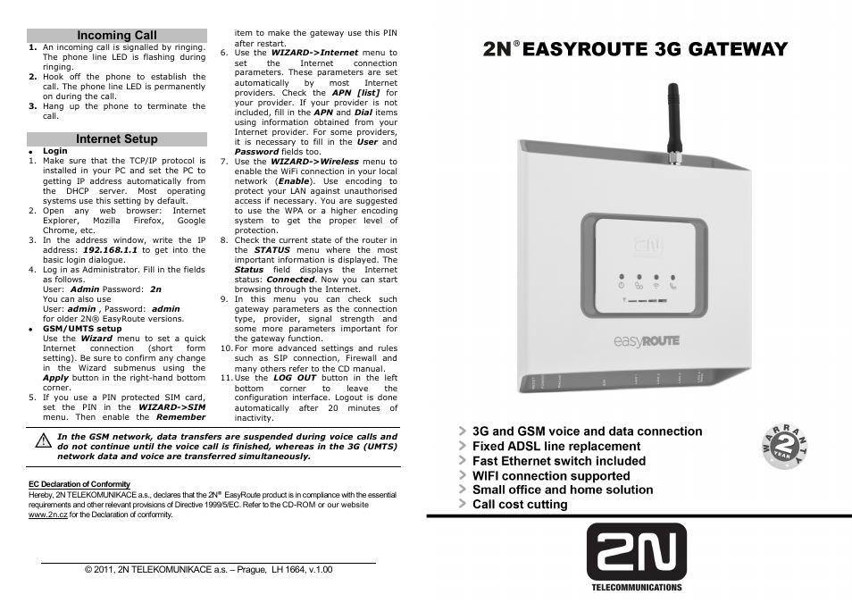 Wireless 3G router 2N EasyRoute_new design - Quick start, 1664 v1.00
