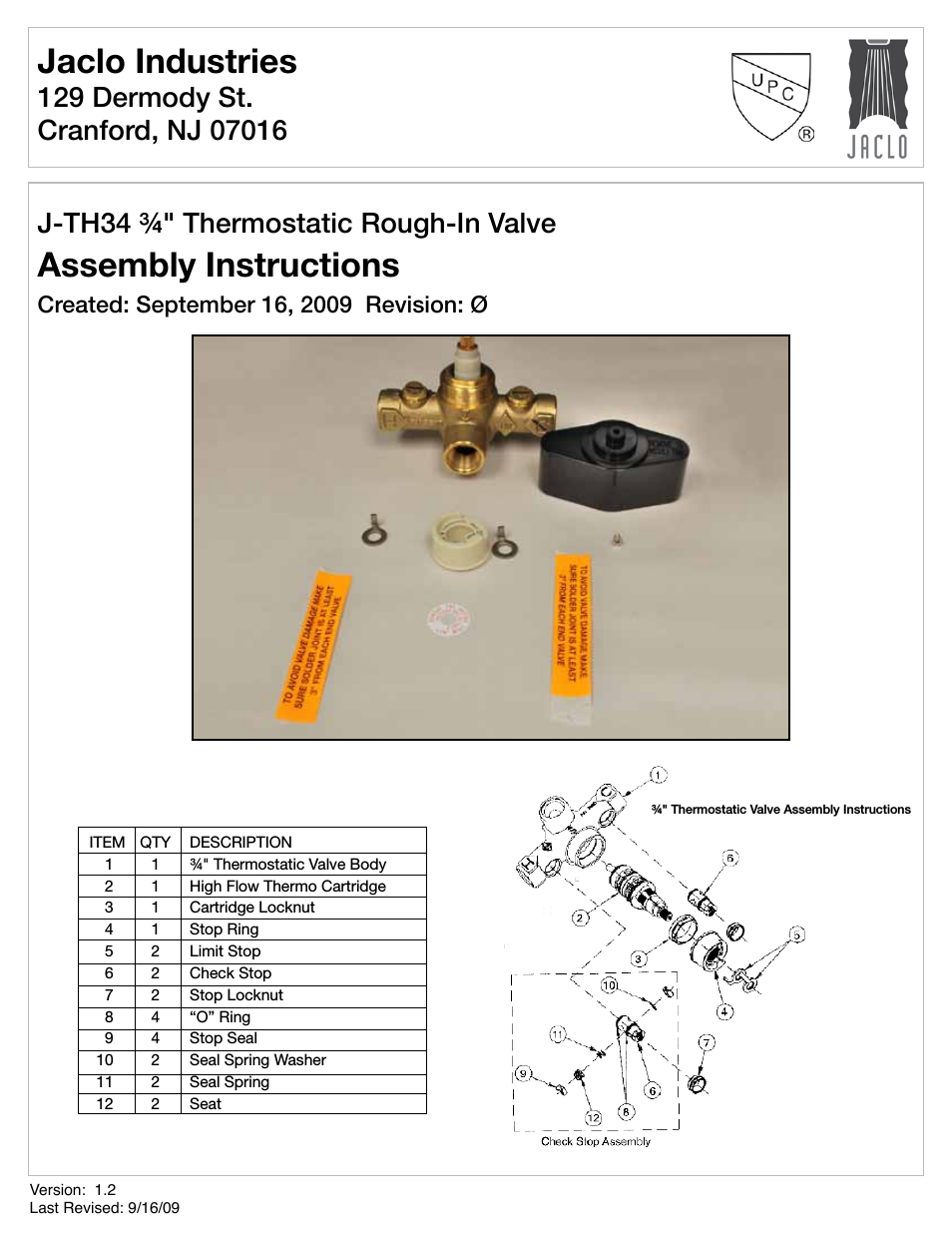 ¾" thermostatic valve cartridge J-TH34-CART