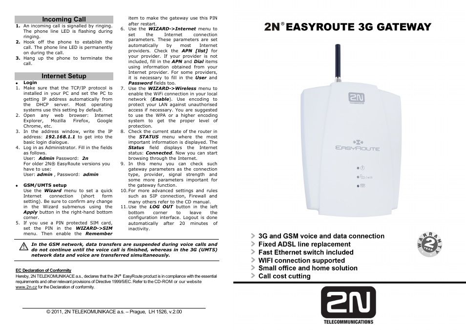 Wireless 3G router 2N EasyRoute_old design - Quick start, 1526 v2.00