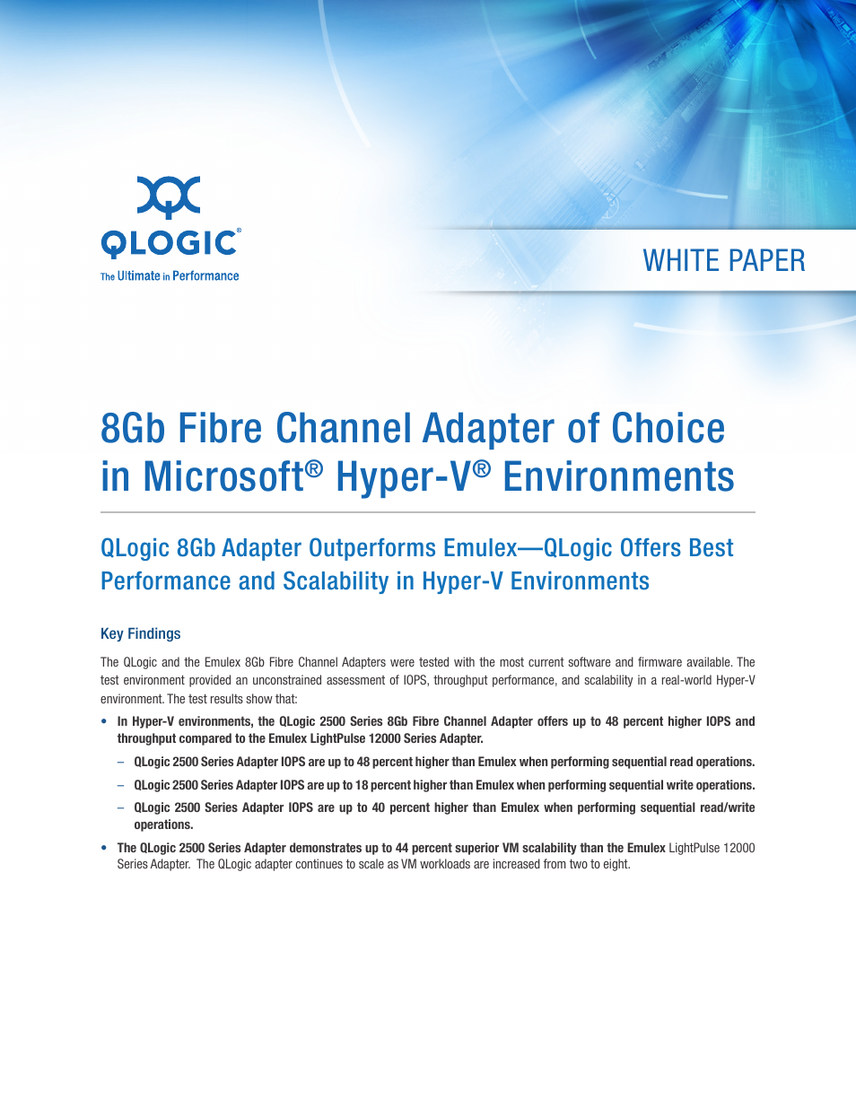 2500 Series 8Gb Fibre Channel Adapter of Choice in Microsoft Hyper-V Environments