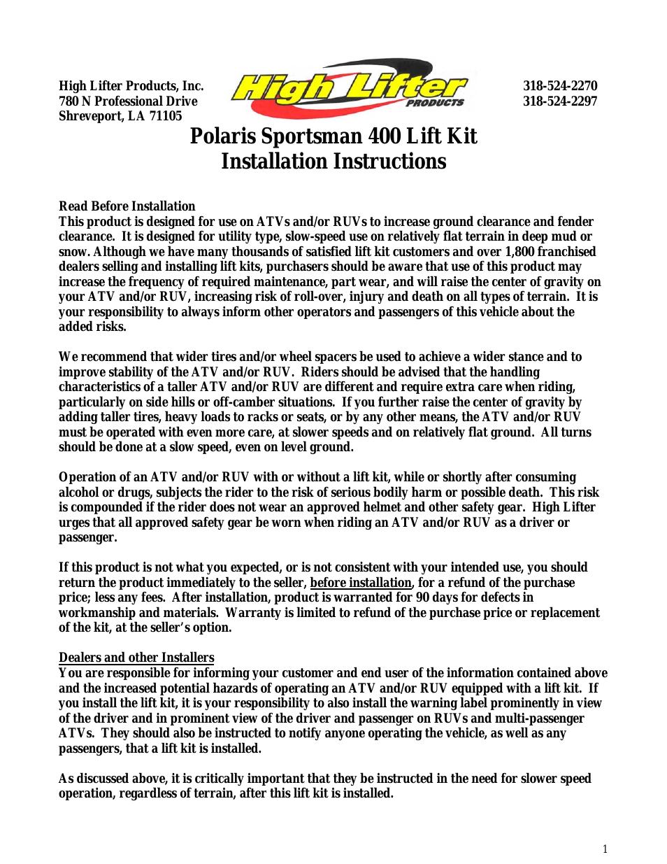 Lift Kit for Polaris Sportsman 400 (08-10)