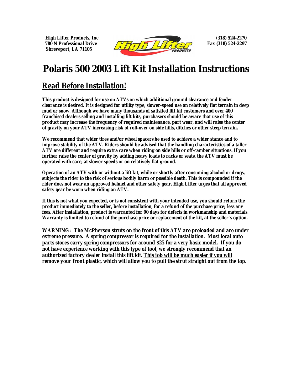 Lift Kit for Polaris Sportsman 400_500 (03-06)