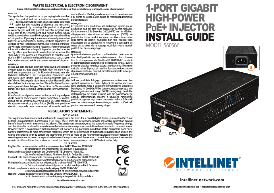560566 1-Port Gigabit High-Power PoE+ Injector