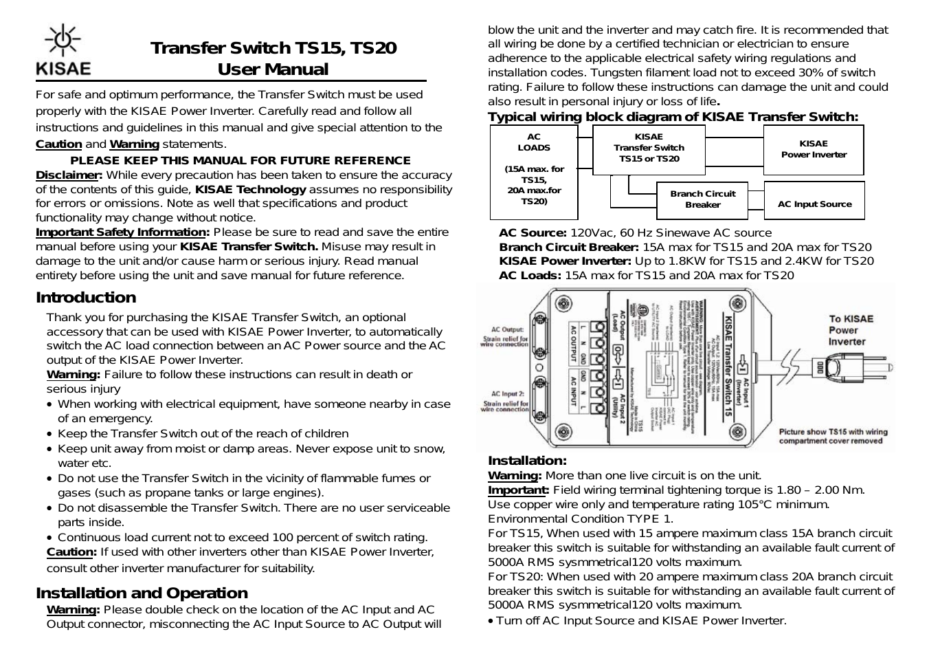 Transfer Switch 20A (120V) (TS20A)