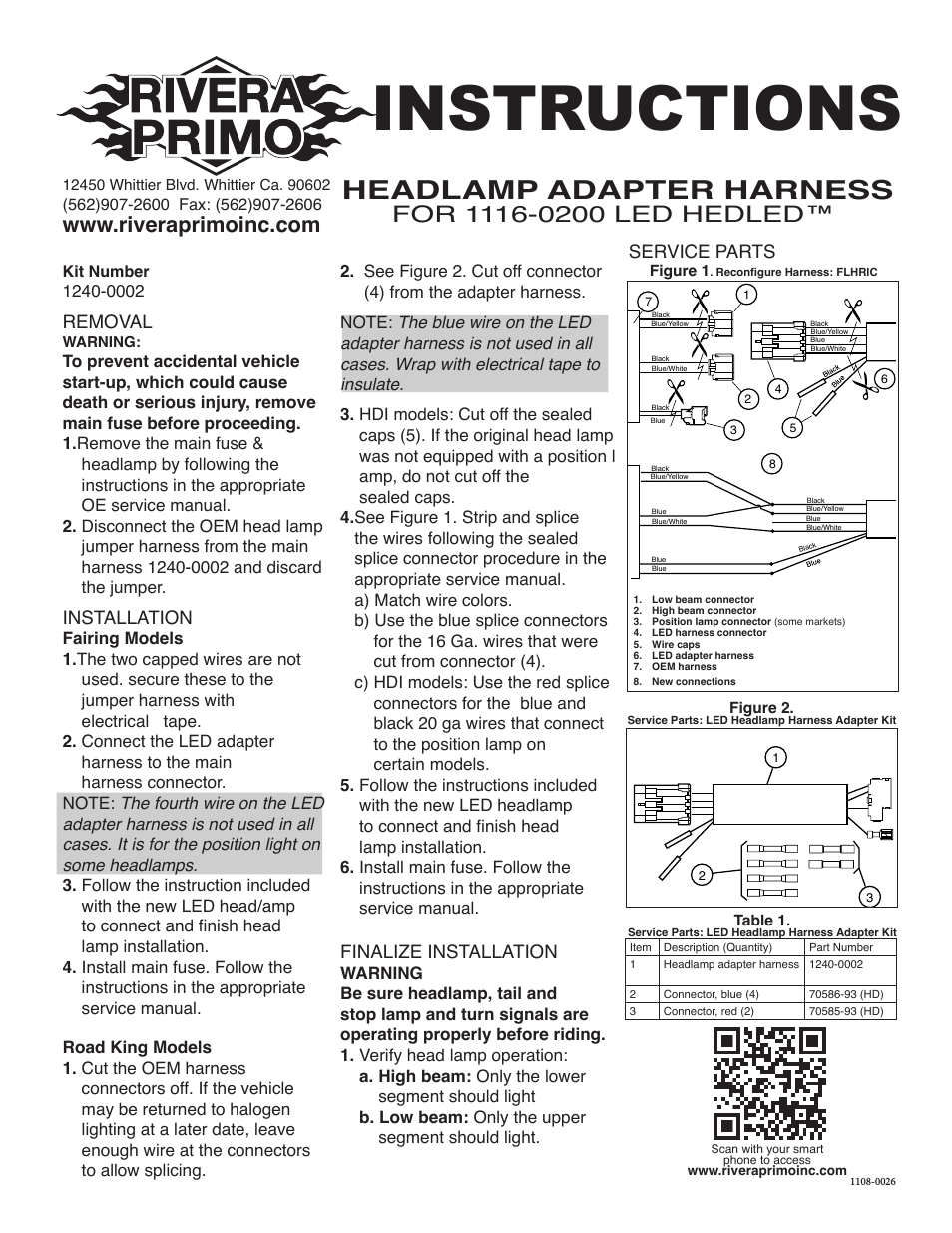 Headlamp Adapter Harness for 1116-0200 LED HEDLED
