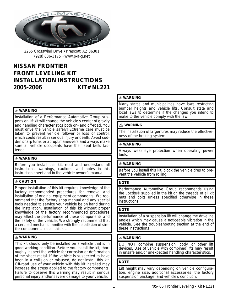 Frontier Front Leveling Kit NL221