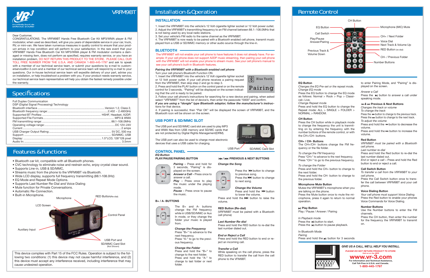 Hands Free Bluetooth Car Kit MP3/WMA player & FM modulator VRFM9BT
