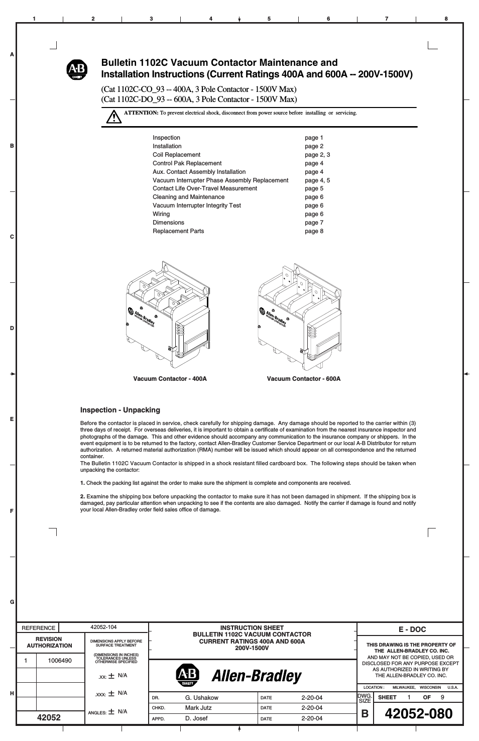 1102C-COx93_DOx93 Vacuum Contactor (400A / 600A)