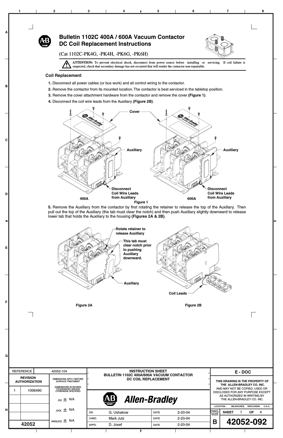 1102C-PKxx 400A / 600A Vacuum Contactor DC Coil Replacement