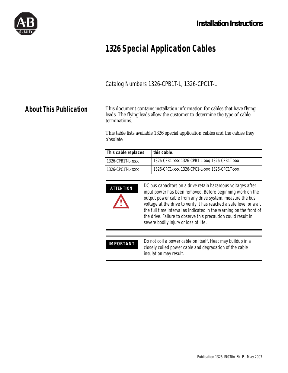1326-CPB1T-L Special Application Cables