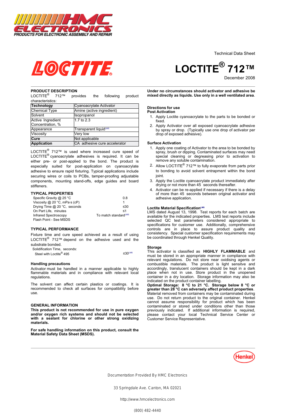 20352 Loctite 712 Tak Pak Accelerator, Isopropanol-Based