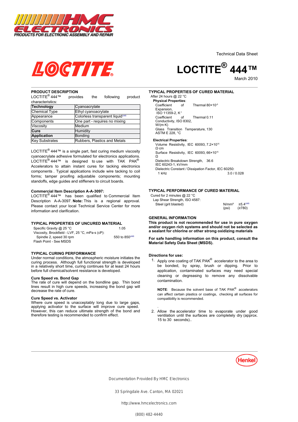 20419 Loctite 444 Tak Pak Adhesive Kit